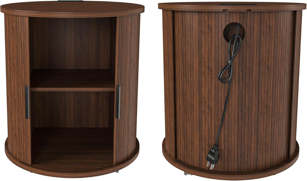 Walnut Nightstand Set of 2 with Charging Station, Mid-Century Round | Each ta...