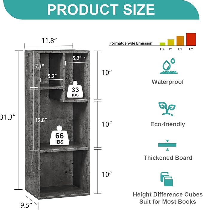 VECELO Small Bookshelf, 4 Cube Slim Bookcase, Fits Tallest Hardcovers, Horizontal Available, Modern Floor Standing Unit, Each Shelf Hold Up to 66 LBS, Modern Gray