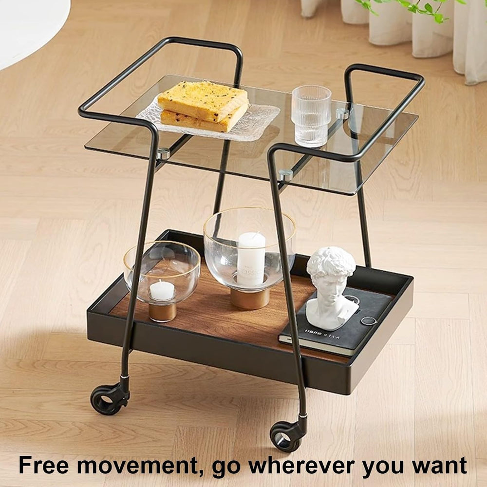 2 Tier Side Table with Wheels End Tables with Storage Shelf Storage Cart with...
