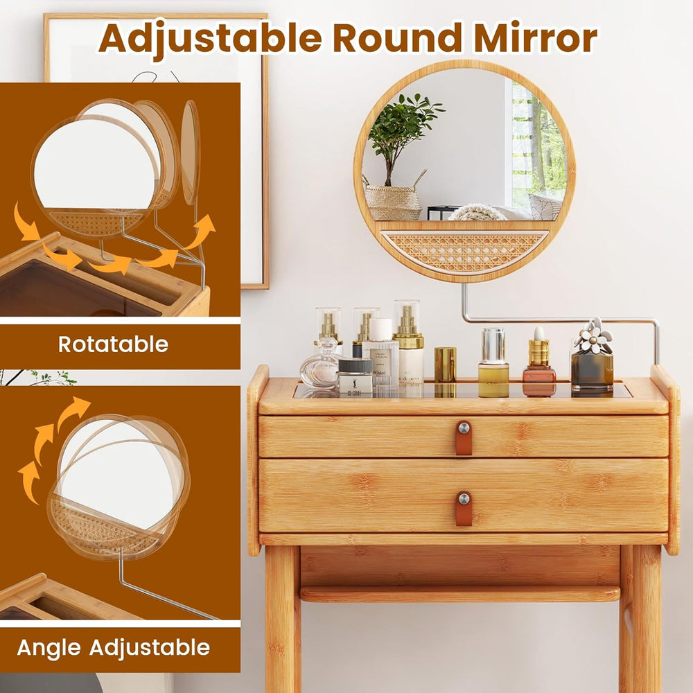 COSTWAY Bamboo Vanity Desk with Adjustable Round Mirror and 2 Drawers | Makeu...