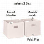RiverRidge Folding Storage Bins - 2-pack of 10in Tall Cream Cubes | Fabric Bins, Set of 2 Storage Cubes, Cut-out Handles, Playroom Closet Organizer, Collapsible Cubby with Bottom Board Insert