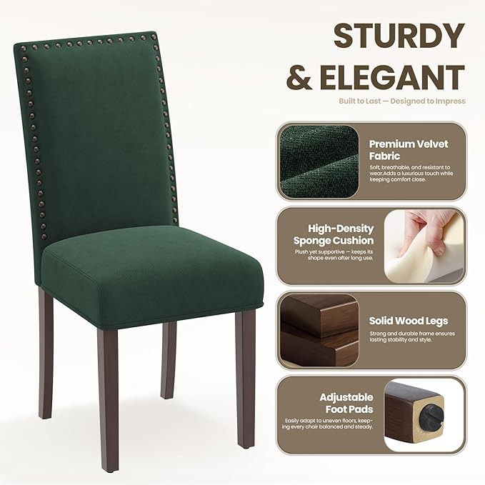 COLAMY Green Velvet Dining Chairs Set of 2 – Upholstered Kitchen & Dining Room Chairs with Nailhead Trim, Soft High-Density Cushion and Solid Wood Legs for Dining Room, Kitchen, Living Room