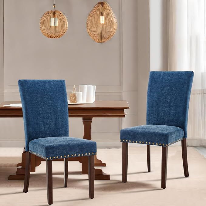 COLAMY Upholstered Parsons Dining Chairs Set of 6, Fabric Dining Room Kitchen Side Chair with Nailhead Trim and Wood Legs - Dark Blue