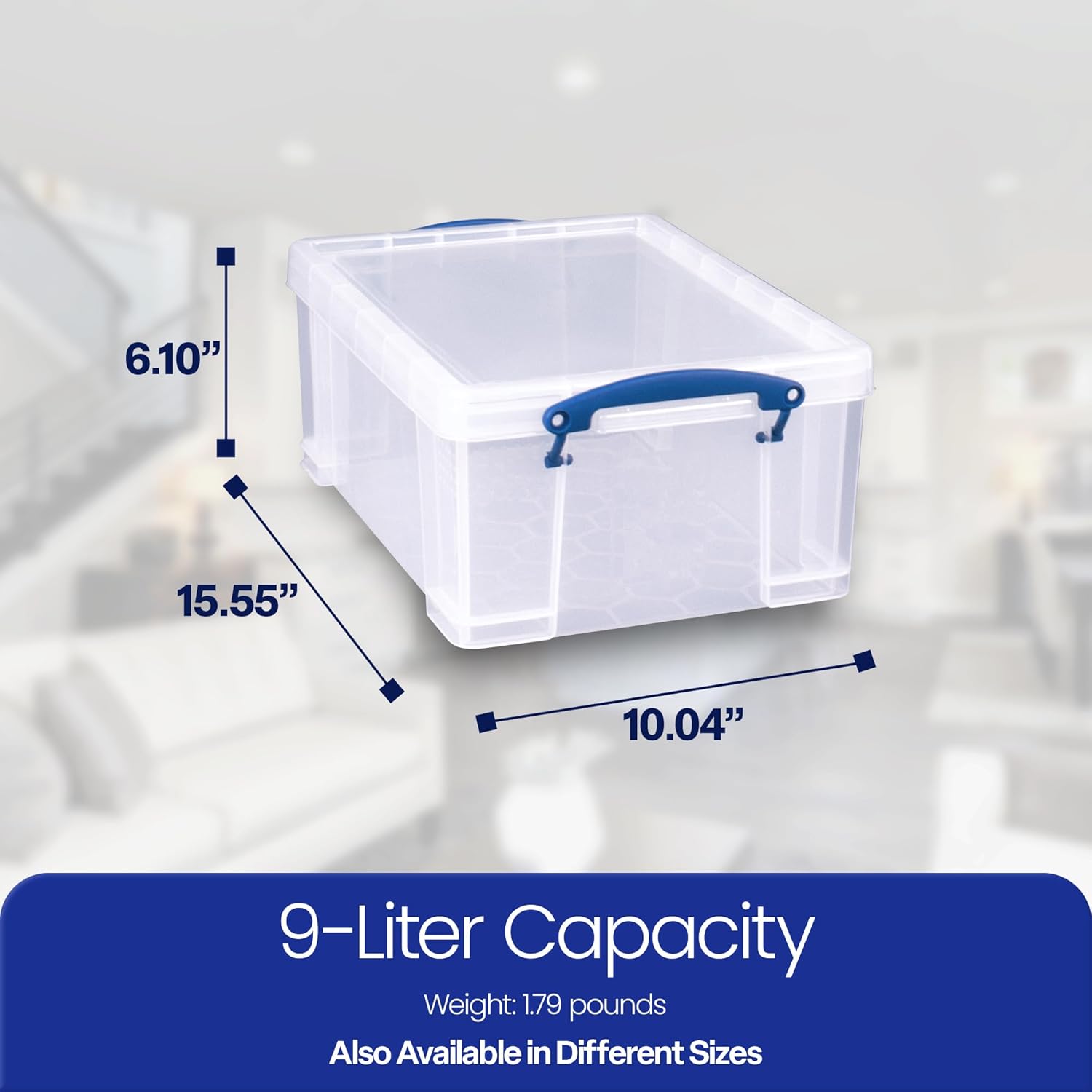 Really Useful Box 9 Liter Plastic Stackable Storage Container with Snap Lid & Built-in Clip Lock Handles for Home or Office Organization, Clear