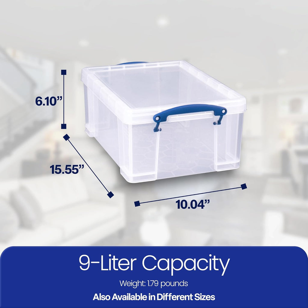 Really Useful Box Stackable 9 Liter Plastic Storage Container Bin with Snap Lid and Built-In Clip Lock Handles for Home & Office Organization (3 Pack)