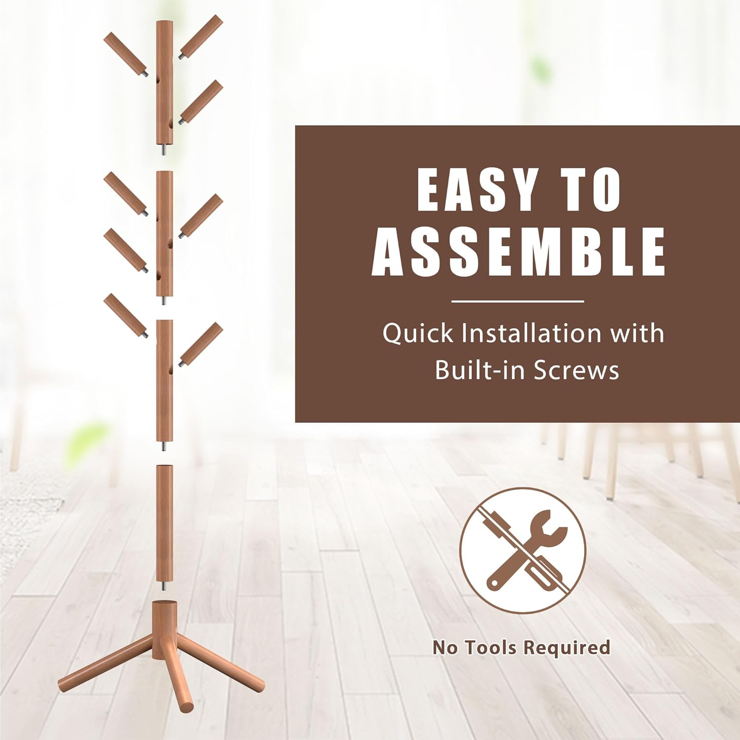 Haddockway Wooden Coat Rack Stand with 8 Hooks New Zealand Pine 3 Adjustable Coat Standing Tree Easy Assembly for Coats, Hats, Scarves and Handbags for Entryway, Hallway, Bedroom, Office