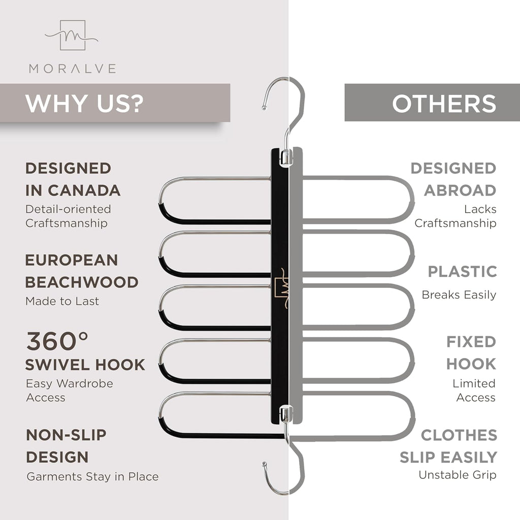 MORALVE Pants Hangers Space Saving - 2 Pack European Beechwood Scarf and Jean Hangers - Closet Organizer and Space Saver Pant Rack, Leggings Hanger, and Scarf Holder with 360° Swivel Hook