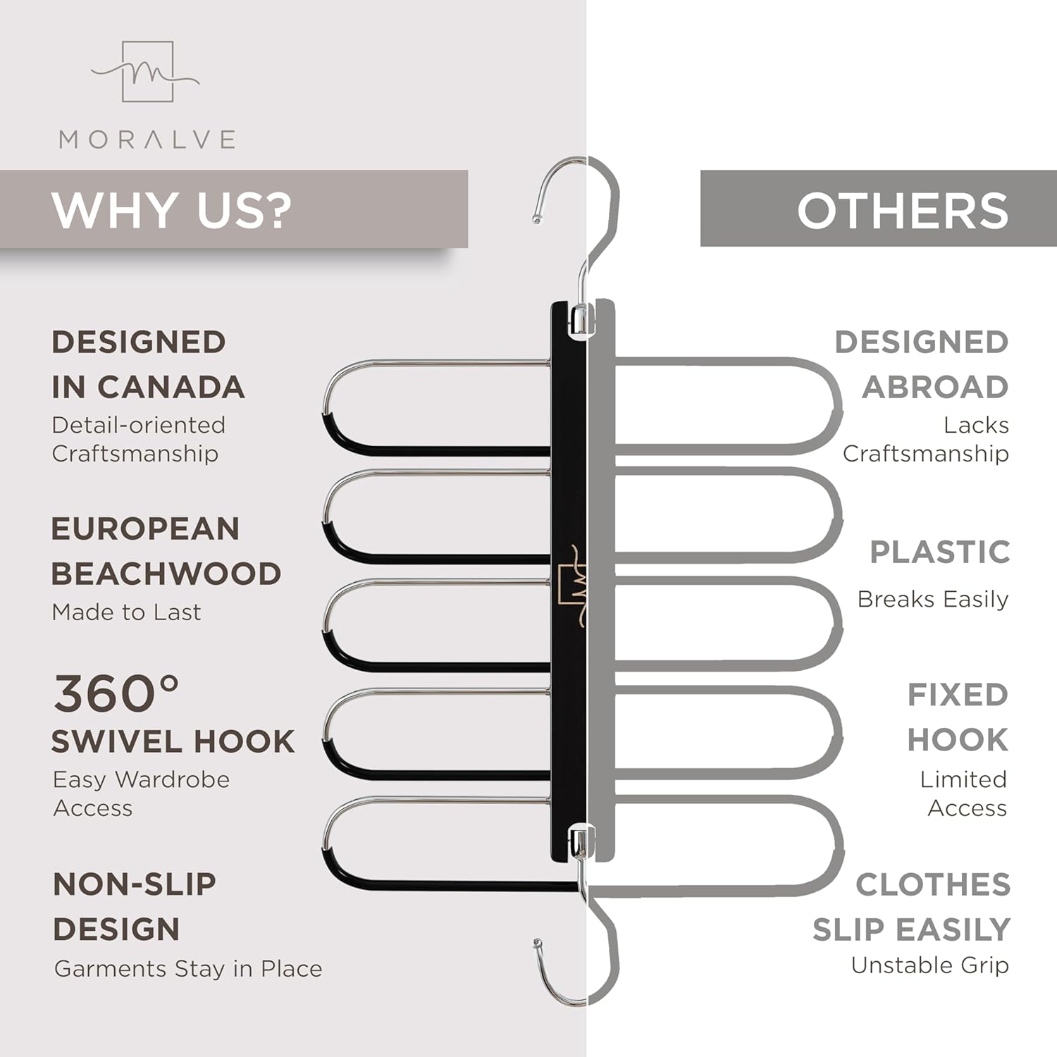 MORALVE Pants Hangers Space Saving - 2 Pack European Beechwood Scarf and Jean Hangers - Closet Organizer and Space Saver Pant Rack, Leggings Hanger, and Scarf Holder with 360° Swivel Hook