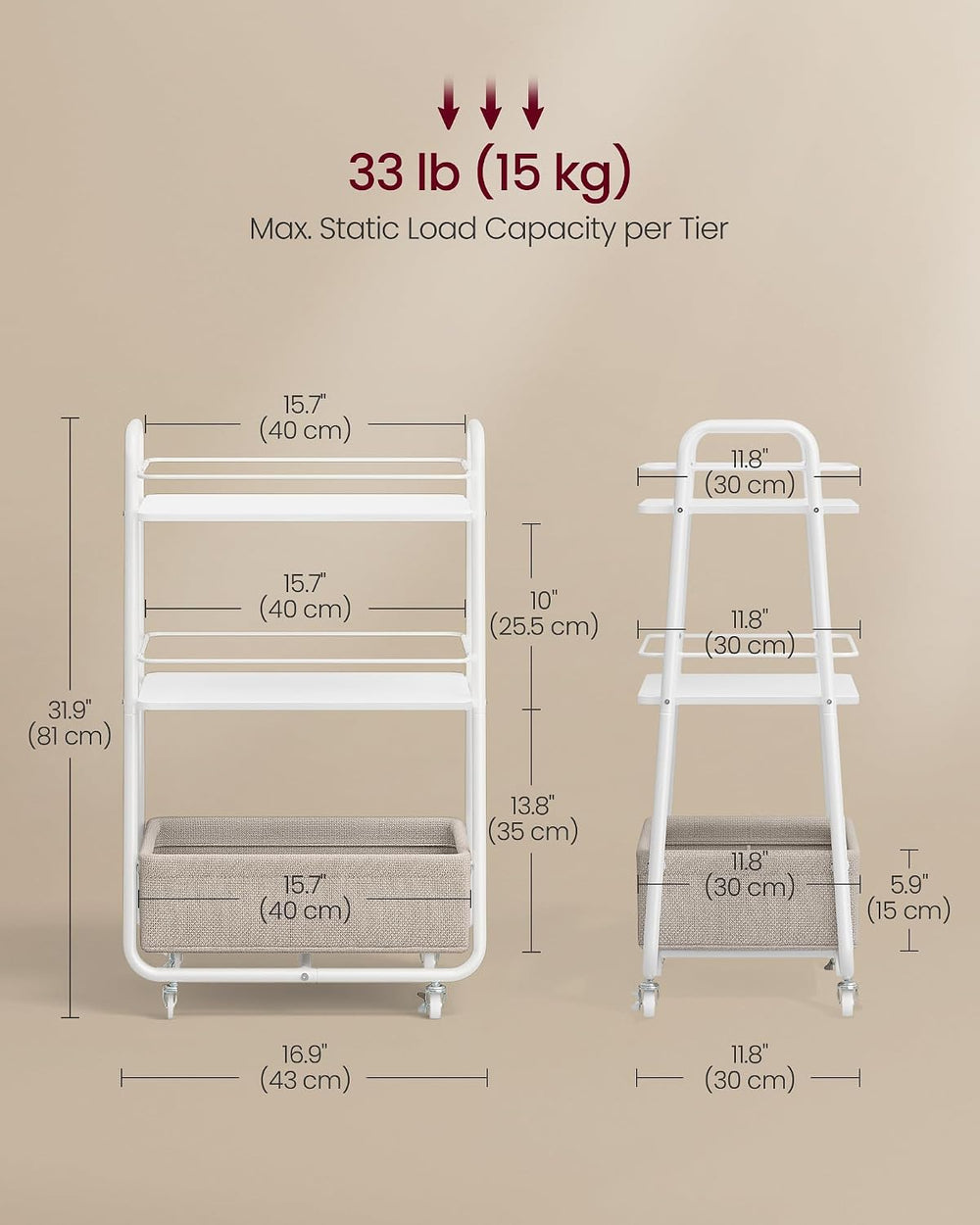 VASAGLE Storage Cart with Fabric Basket, 3-Tier Rolling Utility Cart | Cart w...