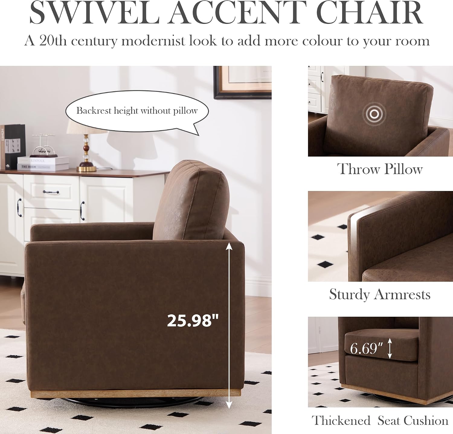 Aoiy & Wifon 30.7" W Swivel Accent Chair, Mid Century Modern Swivel Chair for Living Room, Comfy Small Accent Chair, PU Leather, Coffee