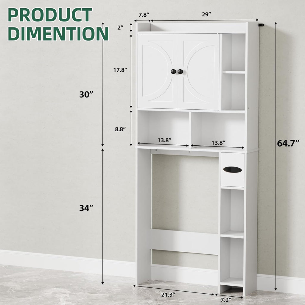 Over The Toilet Storage Cabinet with 2 Barn Door and Toilet Paper Holder Stand, Adjustable Shelf, Freestanding Organizer for Bathroom, or Laundry Room, White