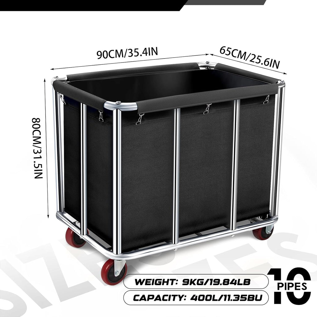 Commercial Laundry Cart on Wheels, 11.35 Bushels Large Roller with Removable Waterproof Canvas Lined Basket, Heavy Duty Stainless Steel for Hotels and Hospitals