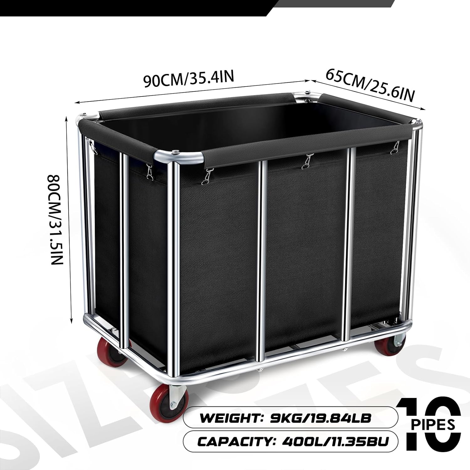 Commercial Laundry Cart on Wheels, 11.35 Bushels Large Roller with Removable Waterproof Canvas Lined Basket, Heavy Duty Stainless Steel for Hotels and Hospitals