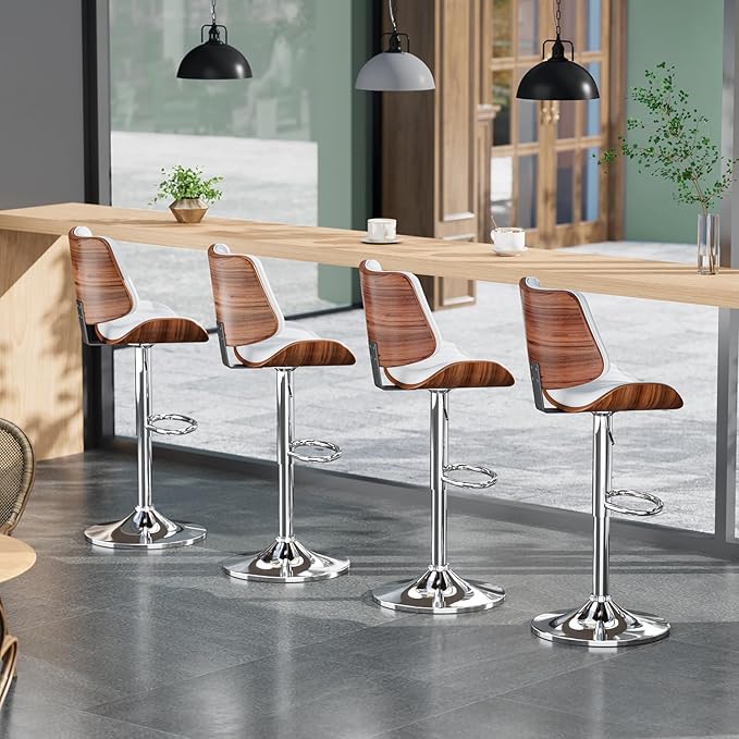 Swivel Bar Stools Set of 3, Adjustable Bentwood Barstools for Kitchen Counter, Modern PU Leather Upholstered Bar Chair with Back and Footrest, for Kitchen Island, Bar, Dining Room, White