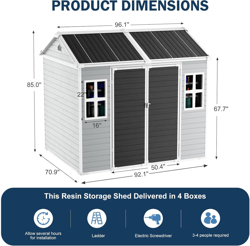 CDCASA 8x6 FT Resin Storage Sheds with Floor Included, Waterproof Large Outdoor Sheds & 2 Windows,Outside Plastic Tool Shed for Backyard Garden Patio Lawn Poolside