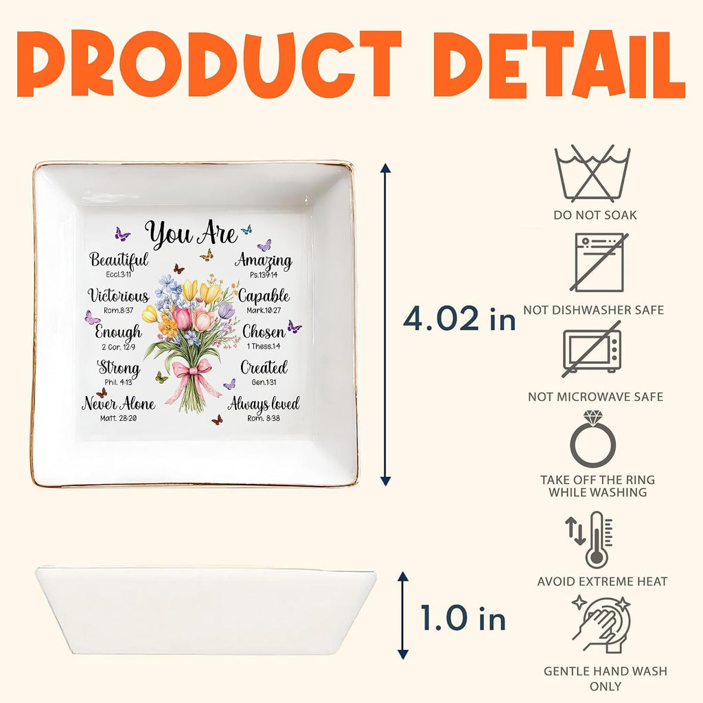 Christian Bible Verse Jewelry Dish, 4" Ceramic Jewelry Tray, Christian Gift for Women, Mother's Day, Birthday, Catholic Gifts for Mom/ Grandma, Graduation, Confirmation Gifts for Teen Girls, Daughter