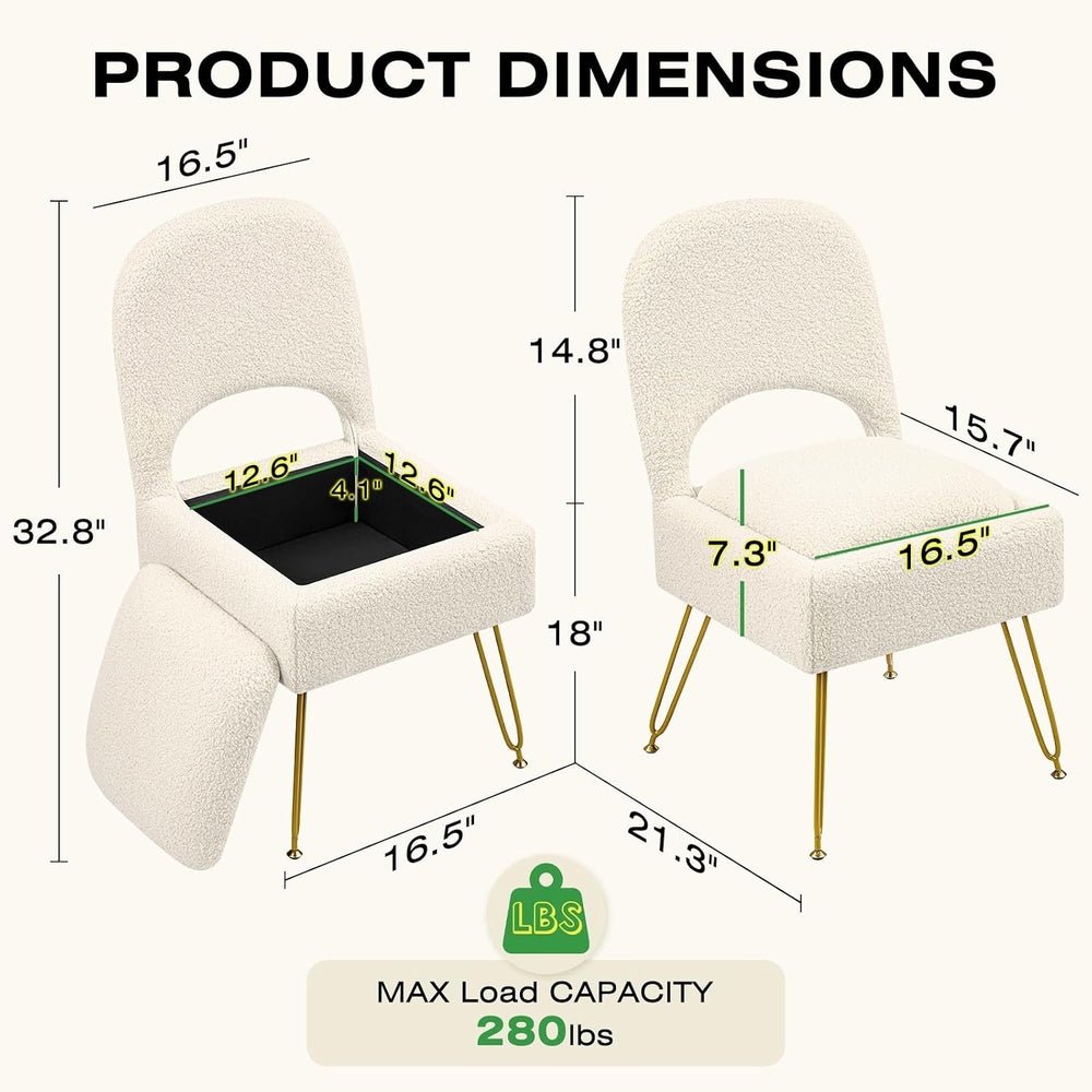 Vanity Stool with Storage & Folding Backrest, Cute White Faux Fur Makeup ...