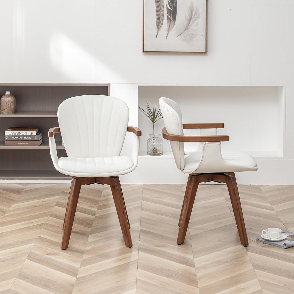 LUNLING Swivel Dining Chairs, Mid Century Modern White Faux Leather Kitchen C...