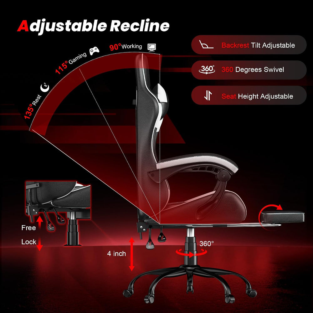 Gaming Chair with Footrest, Ergonomic Video Game Chair for Adults, White | PU...