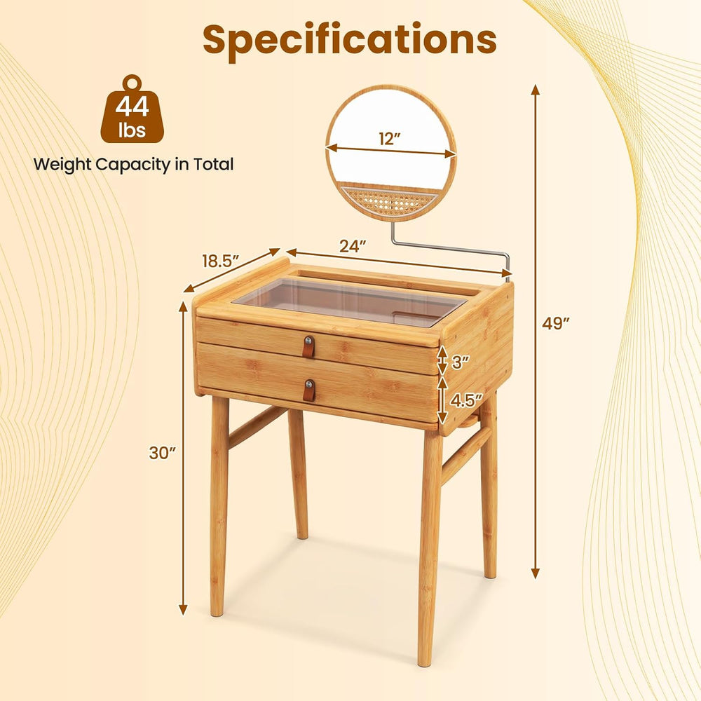 COSTWAY Bamboo Vanity Desk with Adjustable Round Mirror and 2 Drawers | Makeu...
