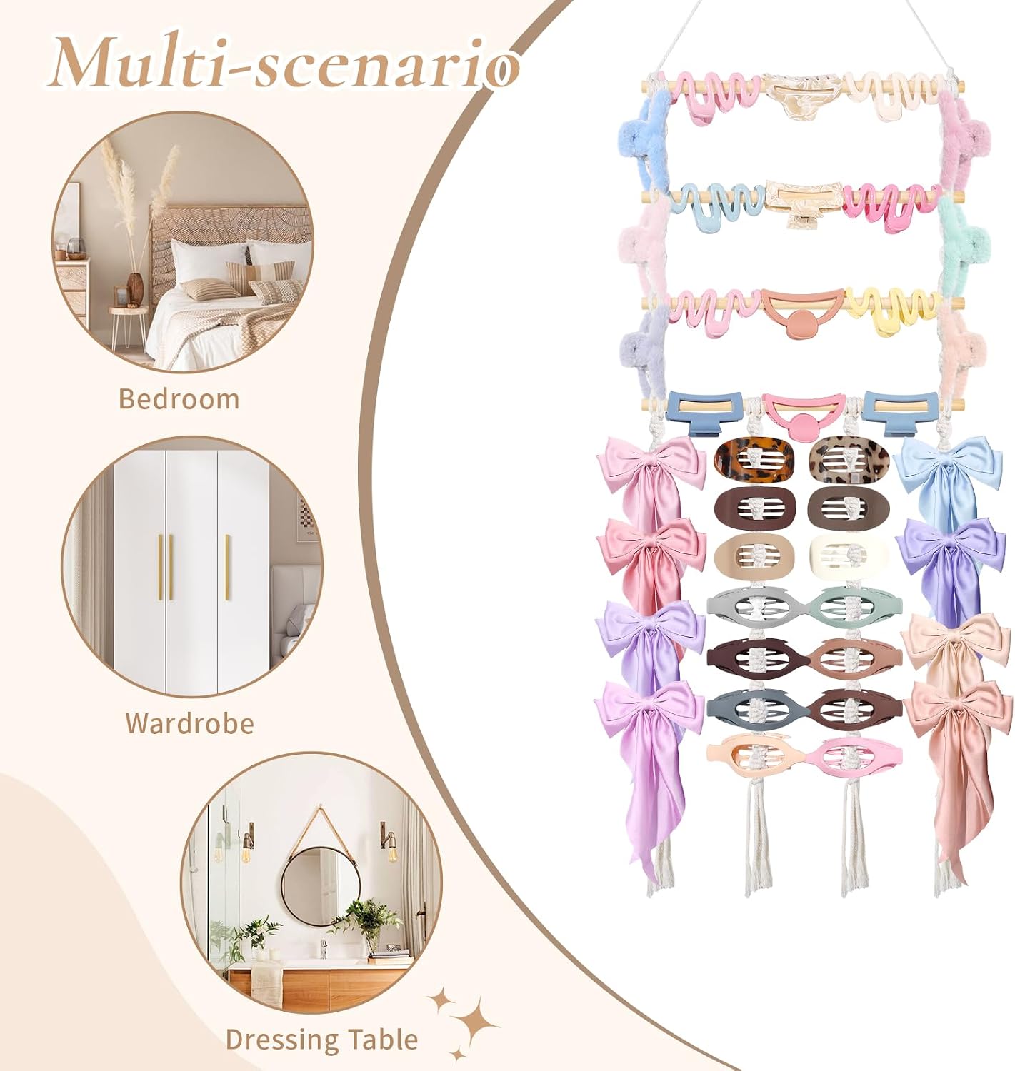 SNOWSTAR Macrame Flat Hair Claw Clip Holder Organizer,Large Capacity Hanging Hair Clip Holder and Storage for Women Girls,Flat Claw Clips Storage Hanger Home Decor for Wall,Door,Closet