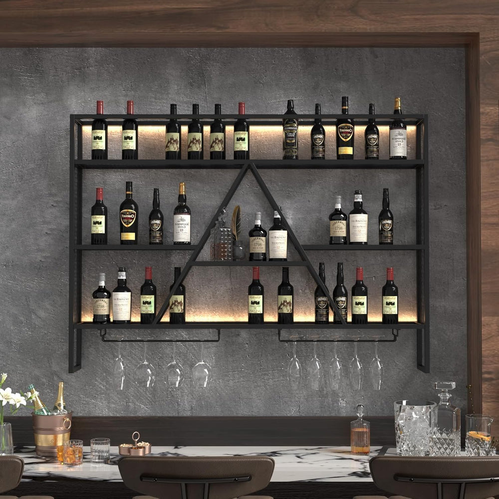 47" Wall Bar Shelves with LED, Wall Mounted Liquor Shelf & Glass Holder