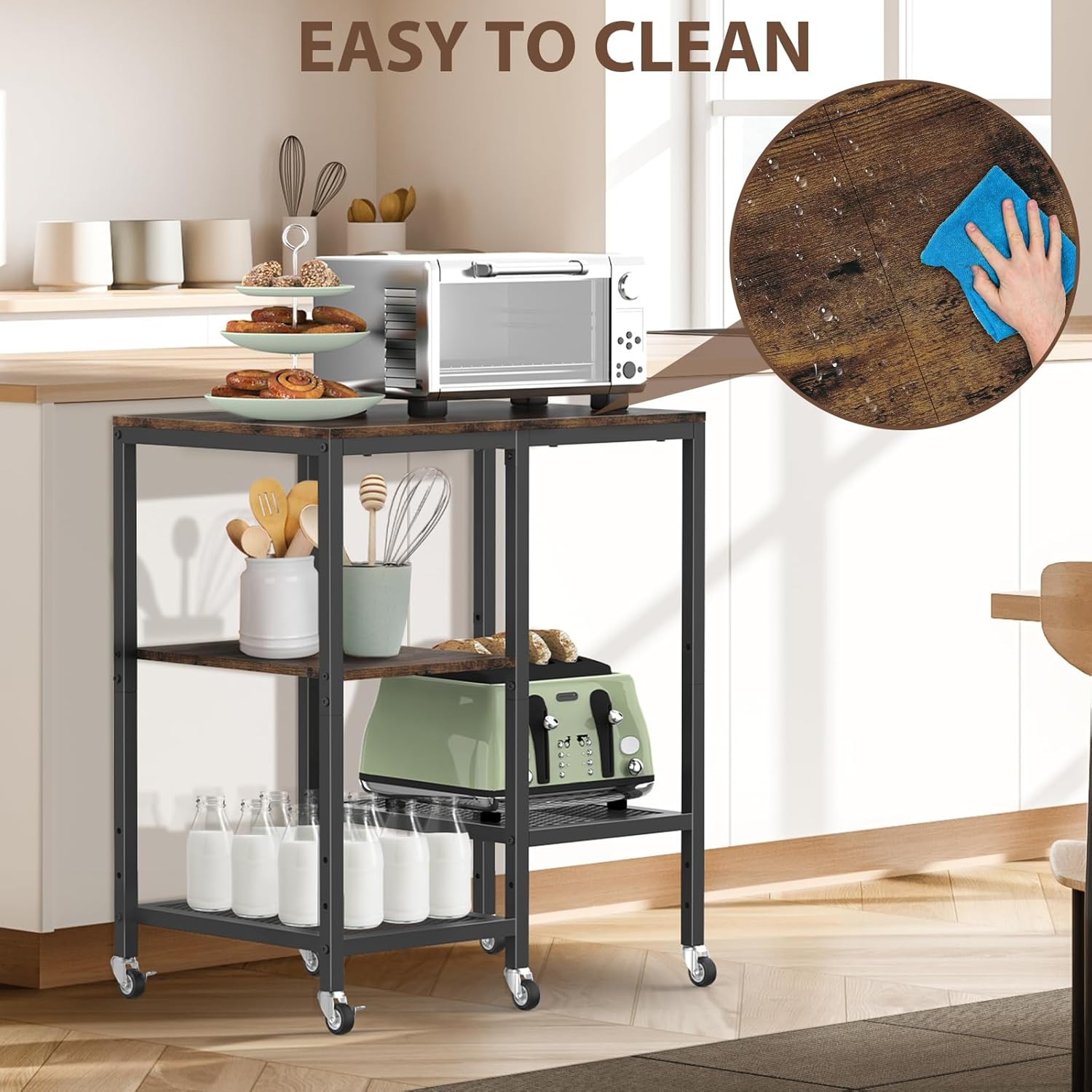 Kitchen Microwave Cart,Microwave Stand with Wheels,Coffee Bar Table Station,4-Tier Rolling Baker's Rack,Small Appliance Storage Shelf,Utility Side Table for Kitchen,Living Room (Rustic Brown)