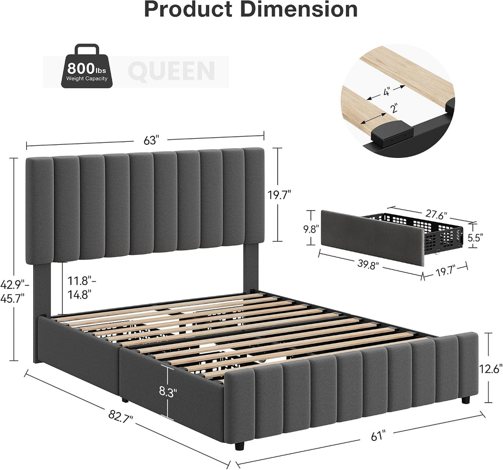 Garvee Queen Size Bed Frame, Linen Bed Frame with 4 Storage Drawers, Grey