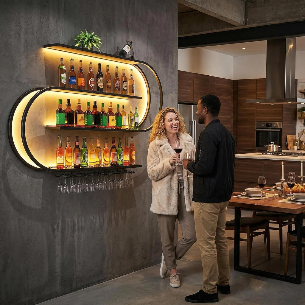 Wine Rack Wall Mounted, 4 Tier Wall Wine Rack with LED Light, Modern Wine Bottle Holder with Wine Glass Hooks, S-shaped Hanging Liquor Storage Display Shelf for Bar (47.24'' * 7.87'' * 59.05'')