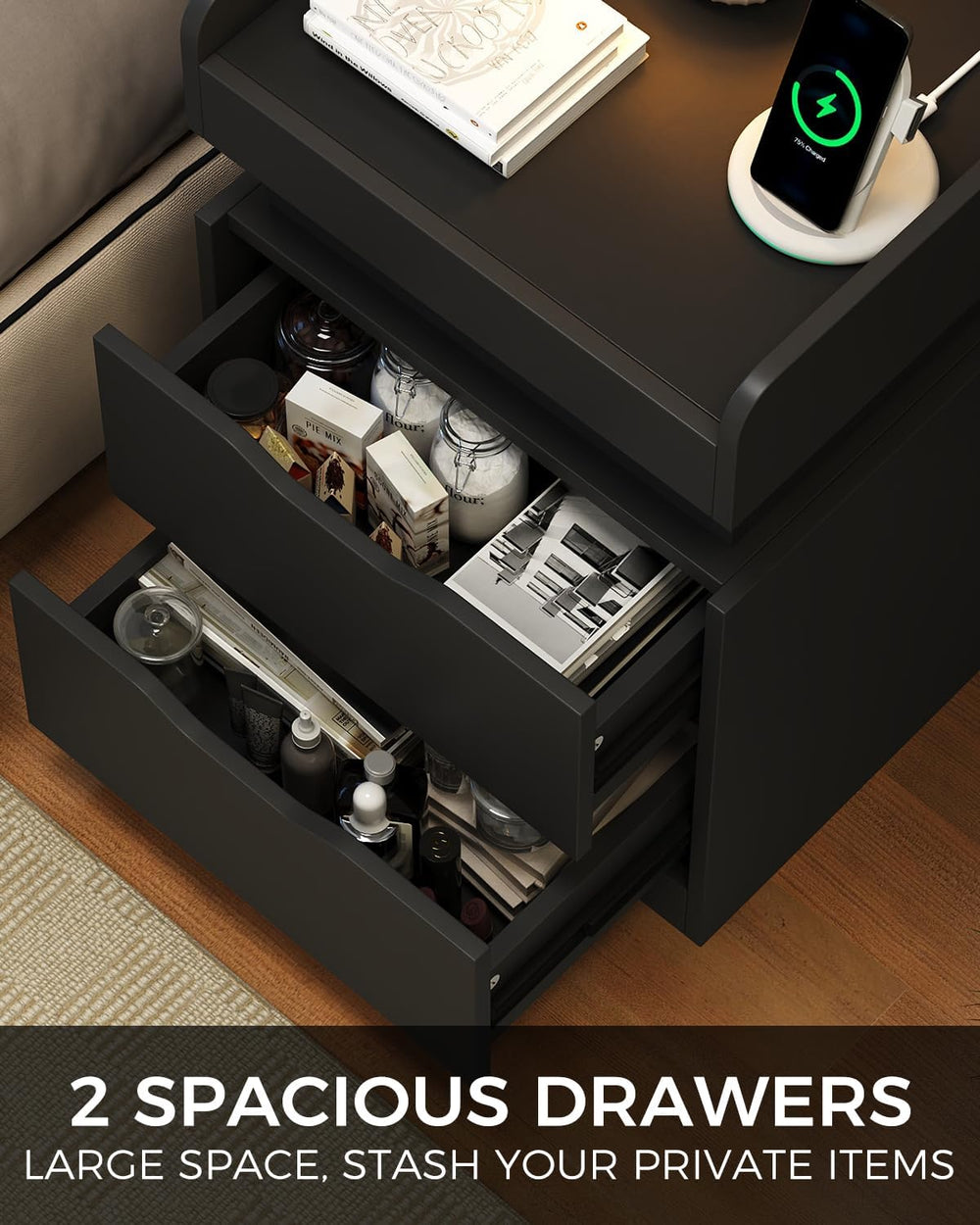 Modern Nightstand with Sliding Top, Night Stand with Charging Station and LED...