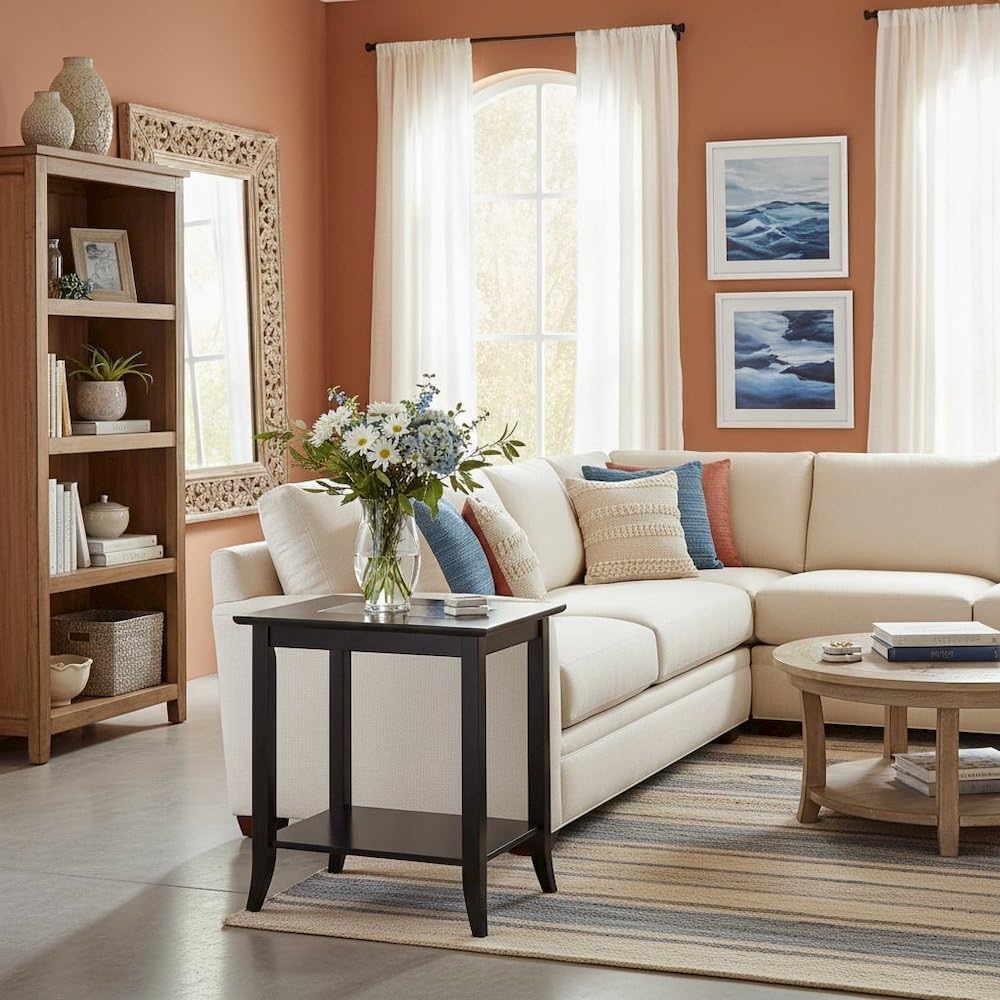 Furnifact Rectangular End Table, Glass Top, Lower Shelf, Flared Legs, Solid W...