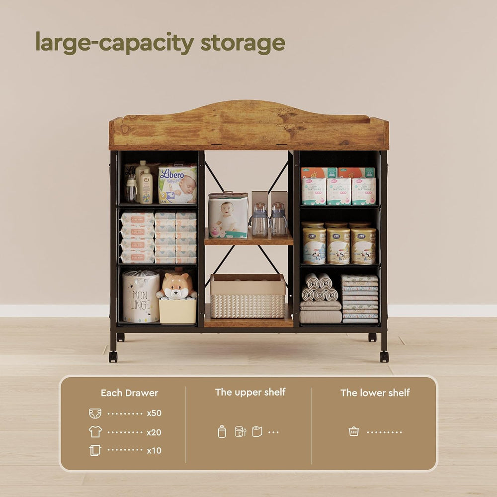 YeTom Changing Table, 6-Drawer Dresser, Adjustable Shelves, Rustic Brown