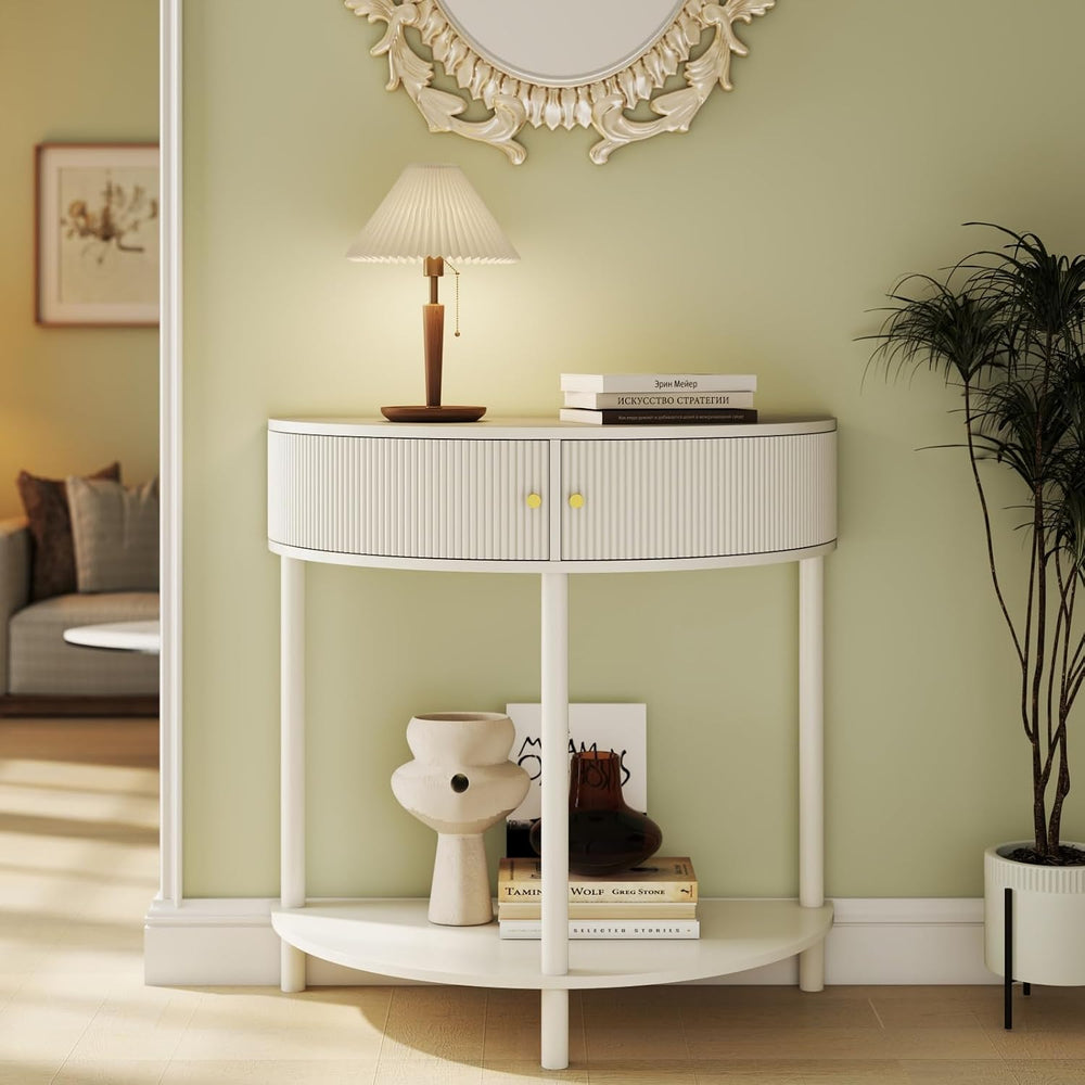 Artisan-Crafted Wave-Pattern Demi-Lune Console Table with Creamy White Finish...