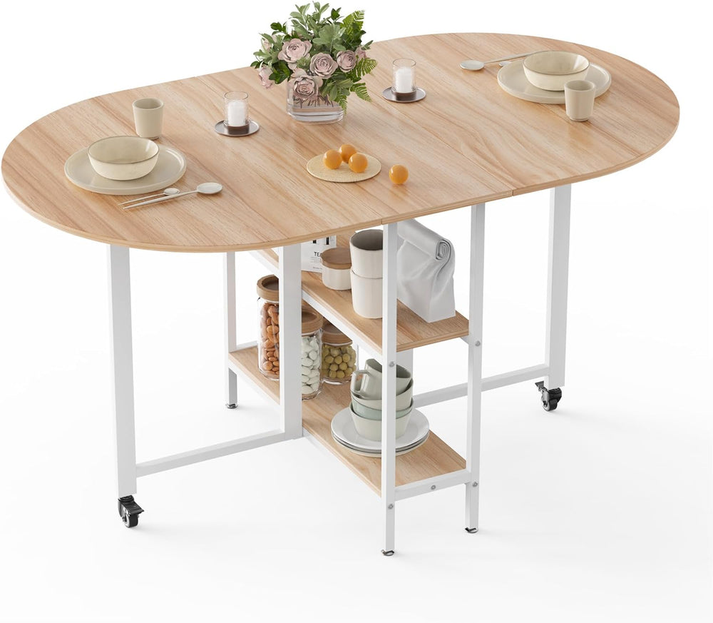 Mondeer Mobile Folding Dining Table, Drop Leaf Table with 2 Open Storage Shel...