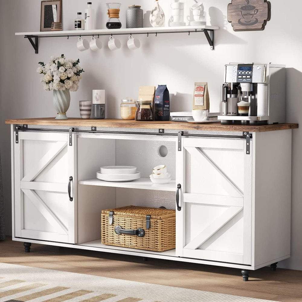 4ever2buy Farmhouse Coffee Bar Cabinet with Sliding Barn Door, 58", White