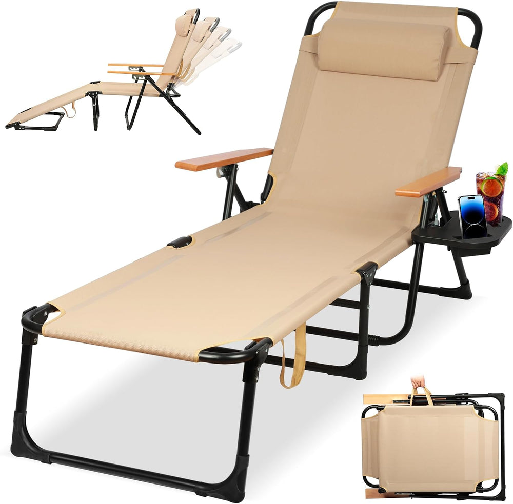 Beach Lounge Chair, Folding Outdoor Chaise Lounge Chair with Arms, 4-Position...