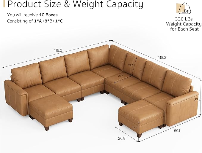 SITJOY 118" Faux Leather Modular Sectional Sofa with Storage, Mid Century Modern Sectional Couches for Living Room, Soft Padded Armrests, 9 Seat V-Shaped Sectional Couch, Brown
