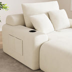 69” Oversized Chaise Lounge Chair Indoor, Modern Boneless Chaise Lounge Reading Chairs with 4 Side Pockets and 2 Cup Holders, Comfy Corduroy Sleeper Sofa Bed for Living Room Bedroom, Warm White