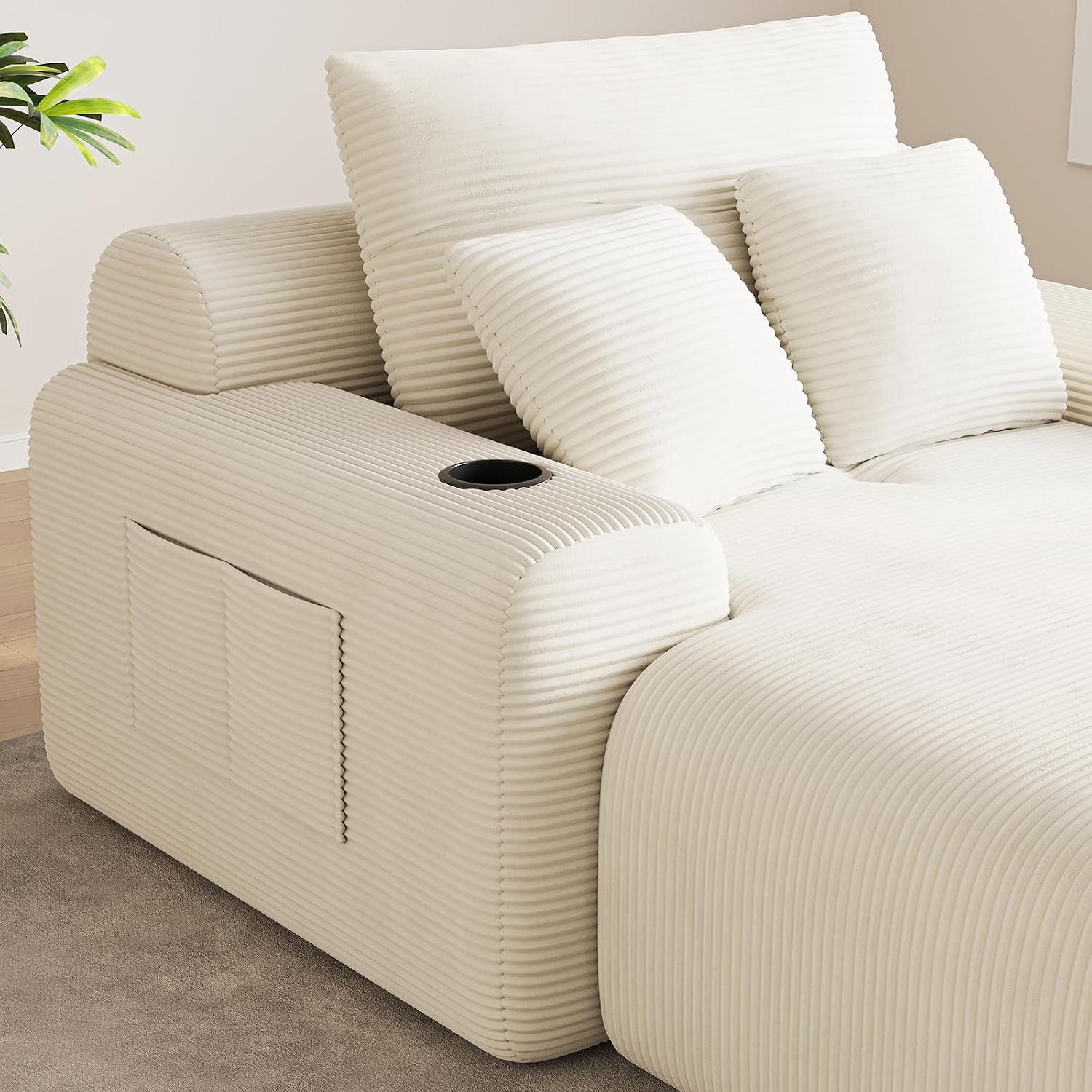 69” Oversized Chaise Lounge Chair Indoor, Modern Boneless Chaise Lounge Reading Chairs with 4 Side Pockets and 2 Cup Holders, Comfy Corduroy Sleeper Sofa Bed for Living Room Bedroom, Warm White