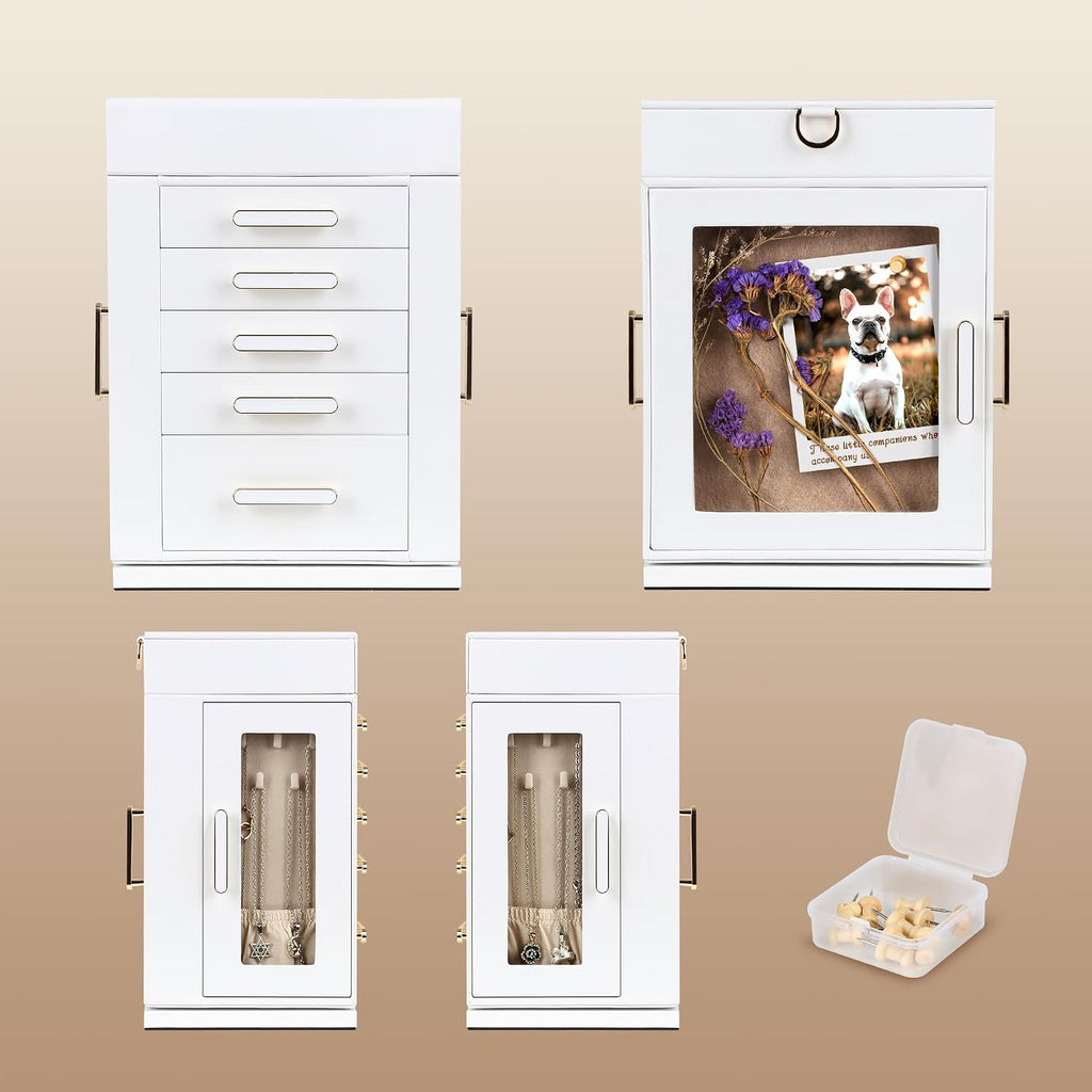Kendal 360° Rotating Jewelry Box - White PU Leather Jewelry Organizer with Shadow Box & Pinboard, Detachable Top Tray, Drawers & Push Pins for Personalized Accessory Display & Storage