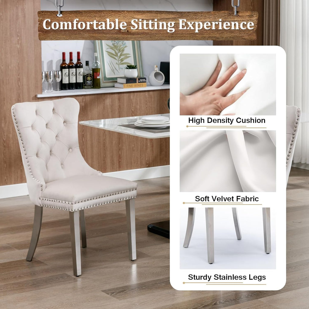 Glass Dining Table Set for 4, Modern Kitchen Table and Chairs Set of 4, 5-Piece Kitchen Dining Room Table Set w/61 Glass Silver Dining Table and 4 Beige Velvet Upholstered Chairs