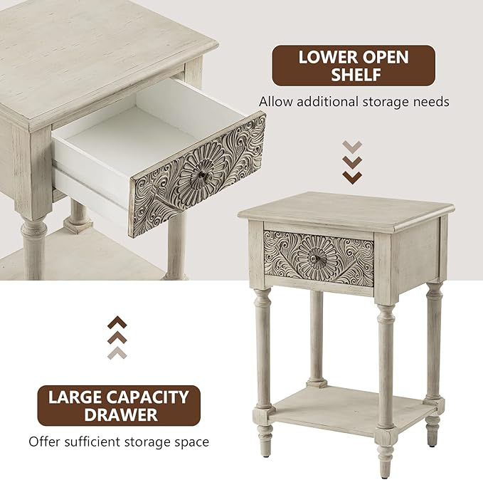 COSIEST Vintage Nightstand, MDF 2-Tier Bedside Table, Wood Accent End Table with Storage Drawer and Open Display Shelf for Bedroom Living Room