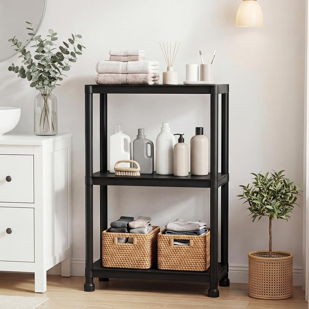 Giantex 3-Tier Heavy-Duty Plastic Storage Shelves, Freestanding Garage Shelving Unit, Multi-Use Organizer Rack for Pantry, Kitchen, Laundry, No-Tool Assembly, Black (1,24" x 12.5" x 37")