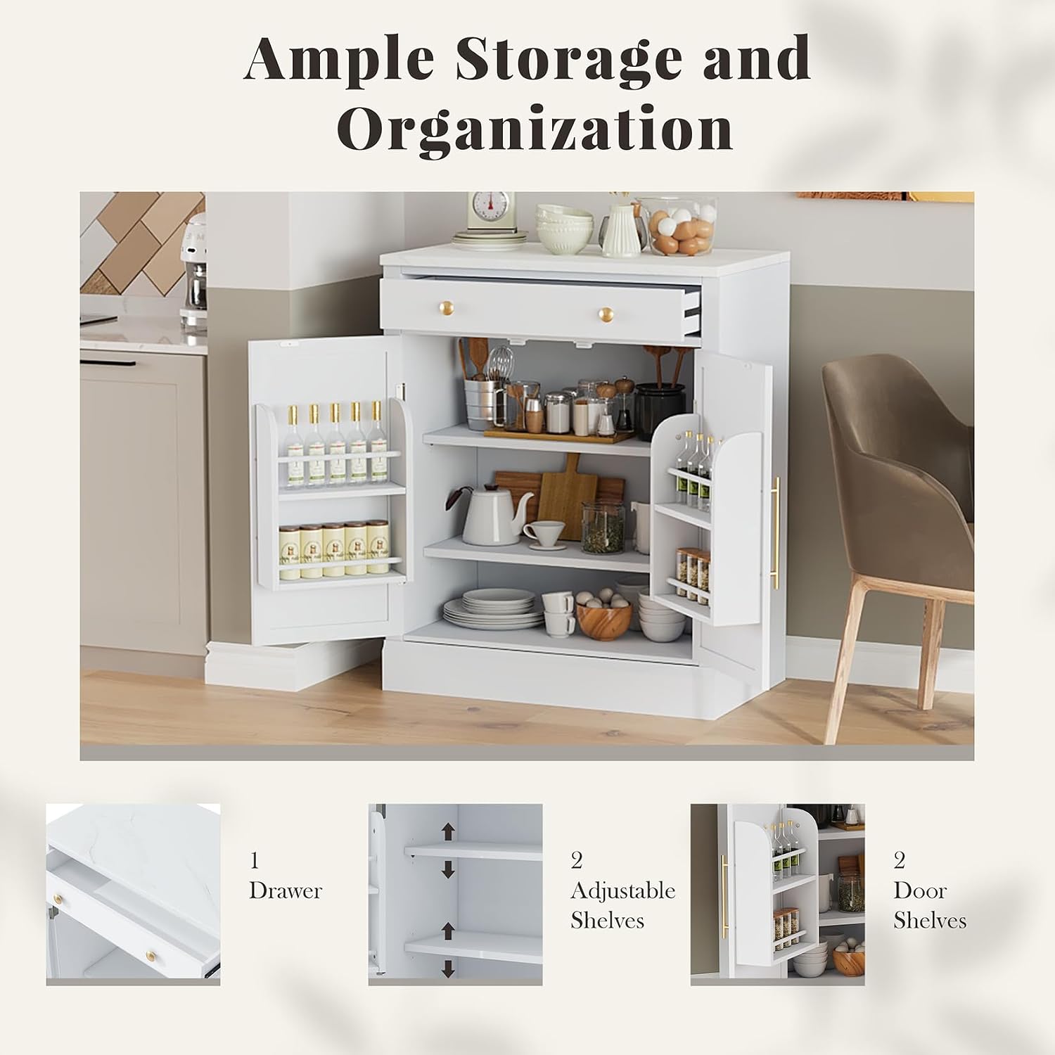 Small Pantry Cabinet with Drawer, Kitchen Storage Cabinet with 2 Adjustable Shelves and 2 Door Shelves, Farmhouse Kitchen Hutch Cabinet Buffet Sideboard Food Storage, White Set of 2