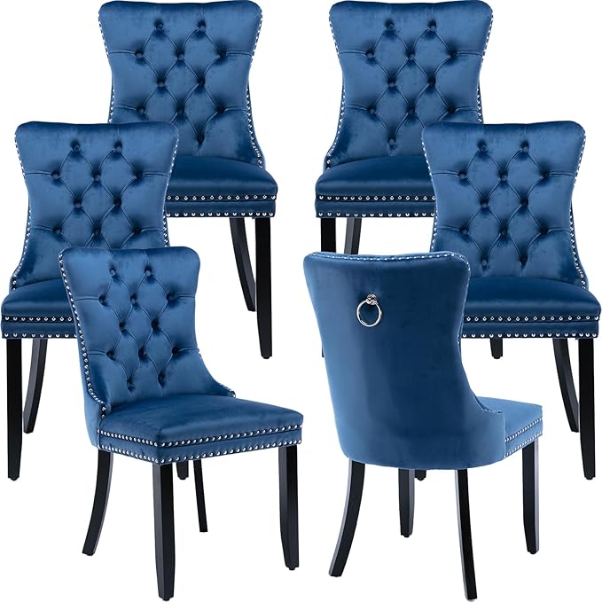 Modern Dining Chairs Set of 6, Tufted Upholstered Dining Chair with Solid Wood Legs, Blue Velvet Accent Chair, Sillas de Comedor, 6 Dining Chairs (Blue, Velvet, 6Pcs)