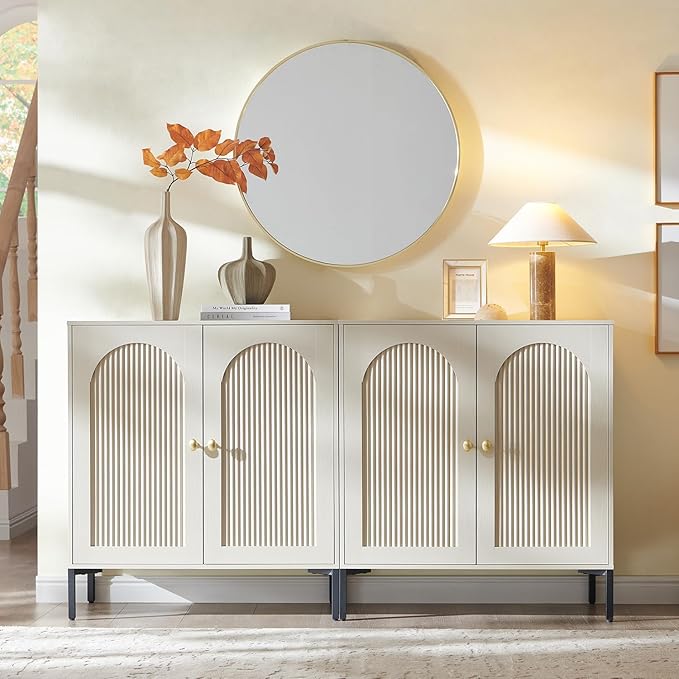 Modern TV Stands for 75 Inch TVs, 61.75‬"W Wood Entertainment Center w/Adjustable Shelves, Mid Century Modern TV Stand w/Arched Fluted Doors, Media Console Cabinet for Living Room, Cream