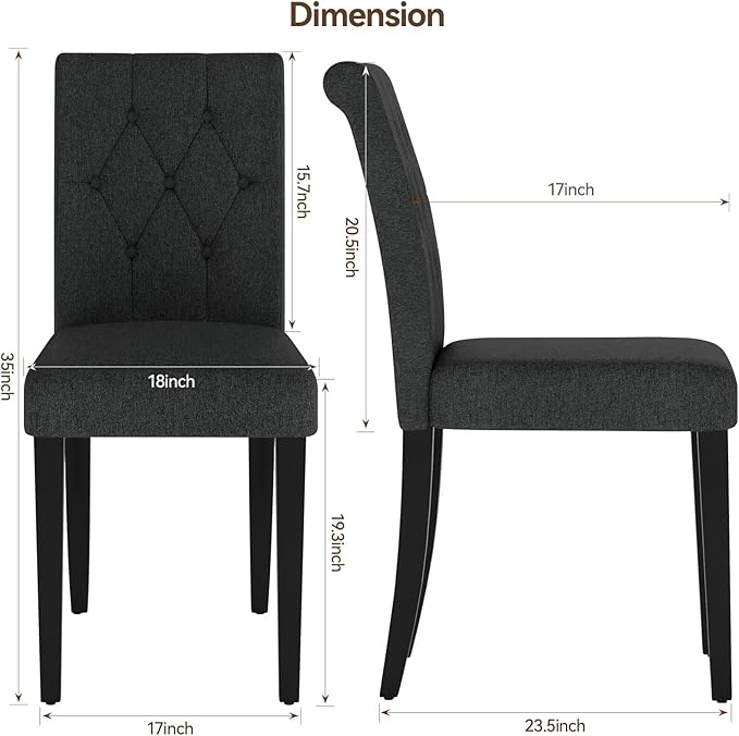 Upholstered Dining Chairs Set of 2, Button Tufted Parsons Dining Chair with Solid Wood Legs, Modern Fabric Side Chair for Dining Room/Kitchen/Restaurant/Hotel- Black