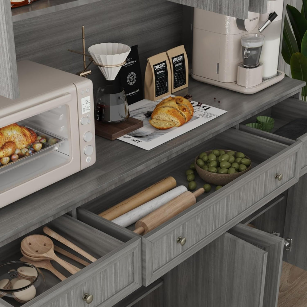 Kitchen Pantry Cabinet with Glass Doors and 3 Drawers, Tall Freestanding Stor...