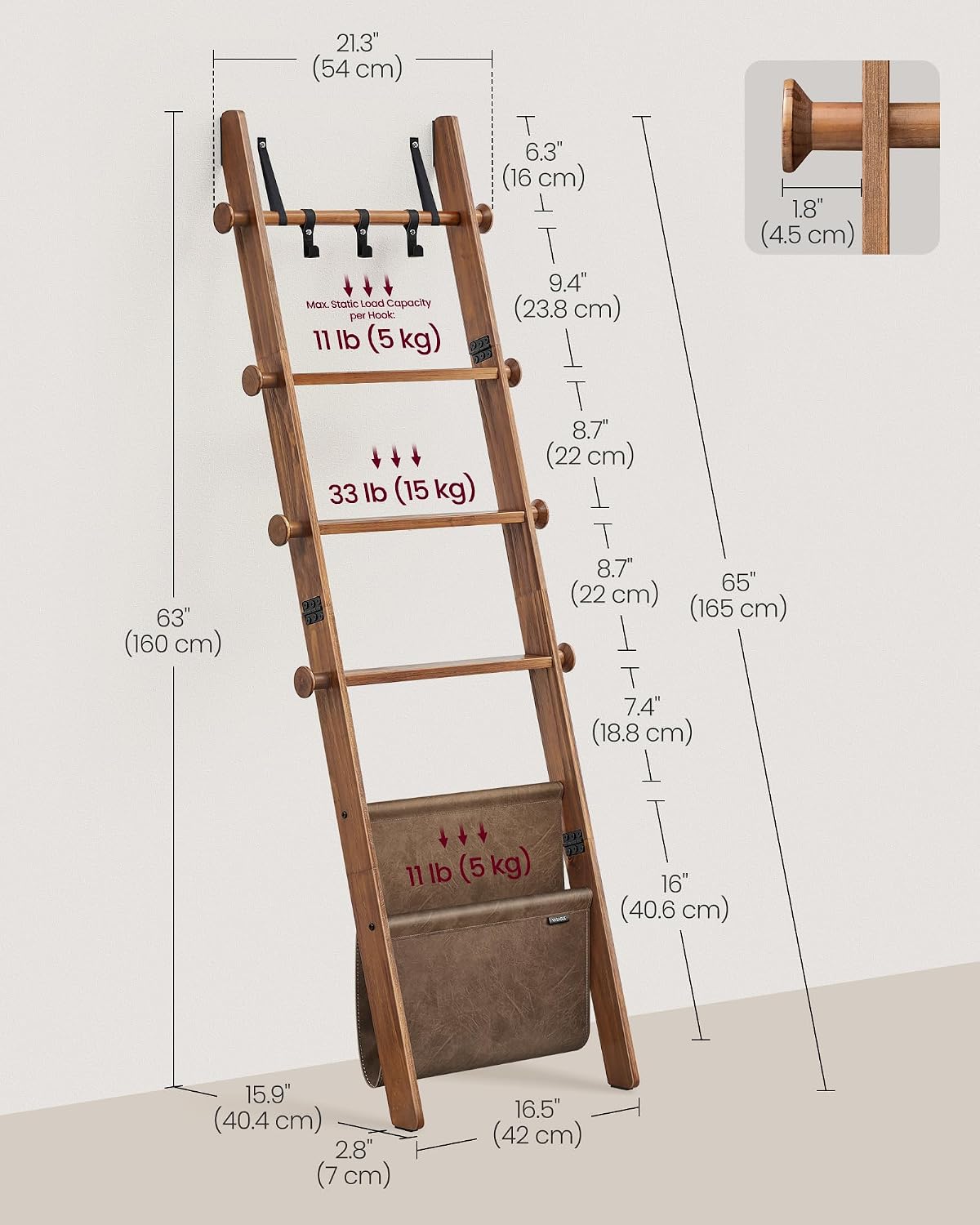 VASAGLE Blanket Ladder for Living Room, 5-Tier Wooden Ladder Shelf, Decorative Farmhouse Blanket Rack with Synthetic Leather Bag, Metal Hooks, Side Hooks, for Bedroom, Caramel Brown ULLS022K01