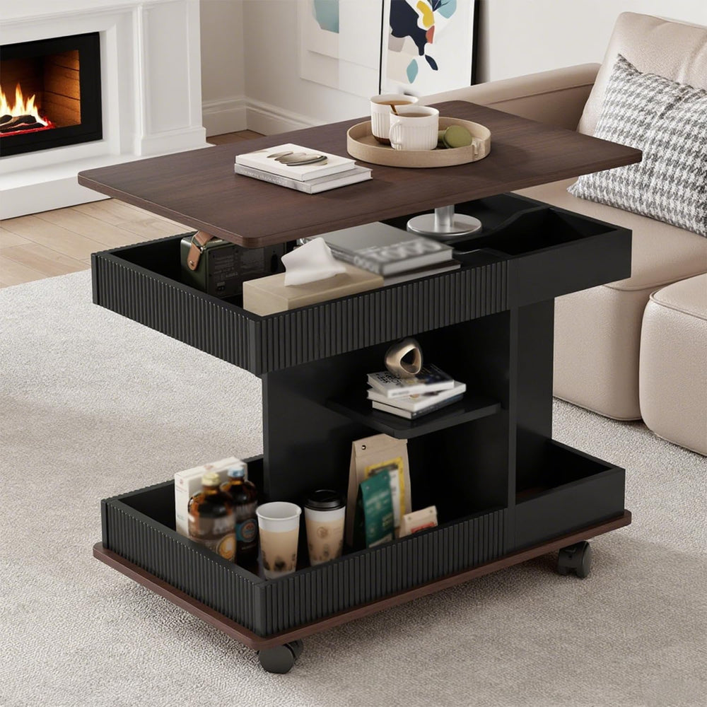 Lift Top End Table with Wheels, Rotating Sofa Side Table, 360°Rotating Top &a...